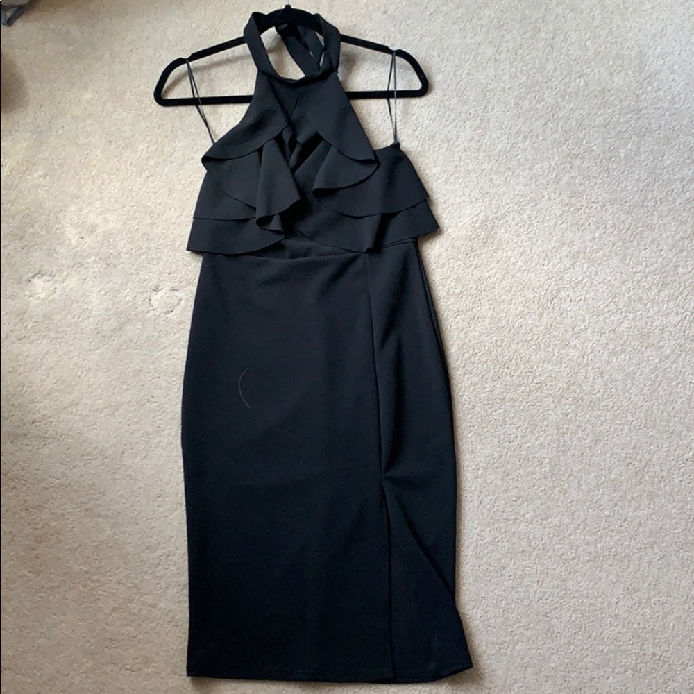 Black Ruffled Halter Dress with slit